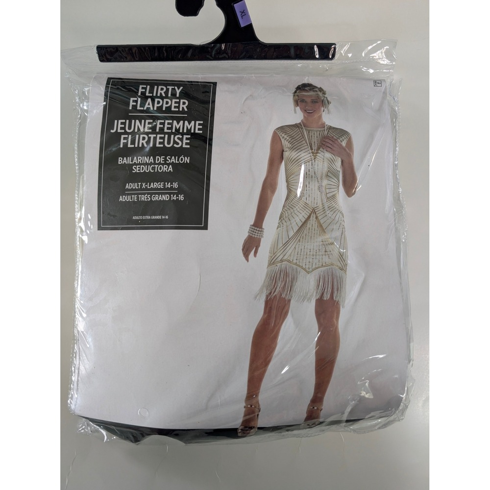 Flirty‎ Flapper 1920s Costume Set White Gold Art Deco Fringe XL 14-16 NEW